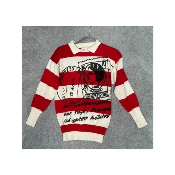 Sweater Bee Women's Vintage Red White Striped Postage Stamp Design - Small - Picture 1 of 8